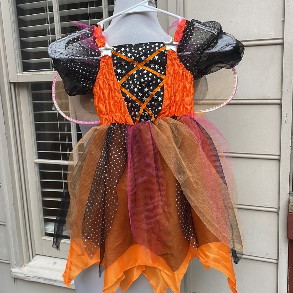 NEW- Girls Orange Fairy Costume Dress with Wand Size 4-6yrs